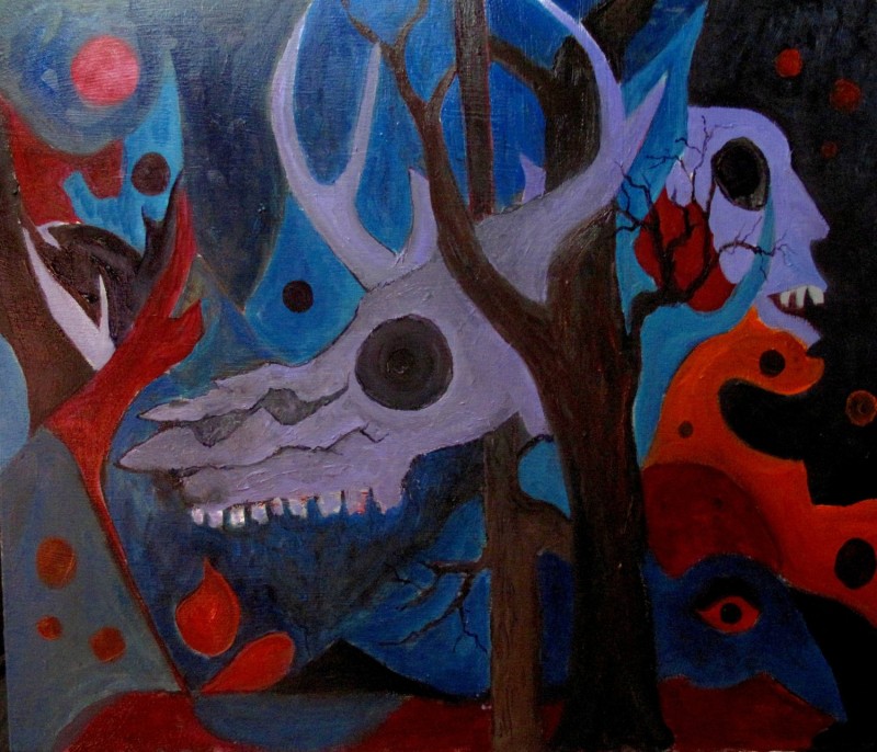 Oil on canvas. Deer skull. 