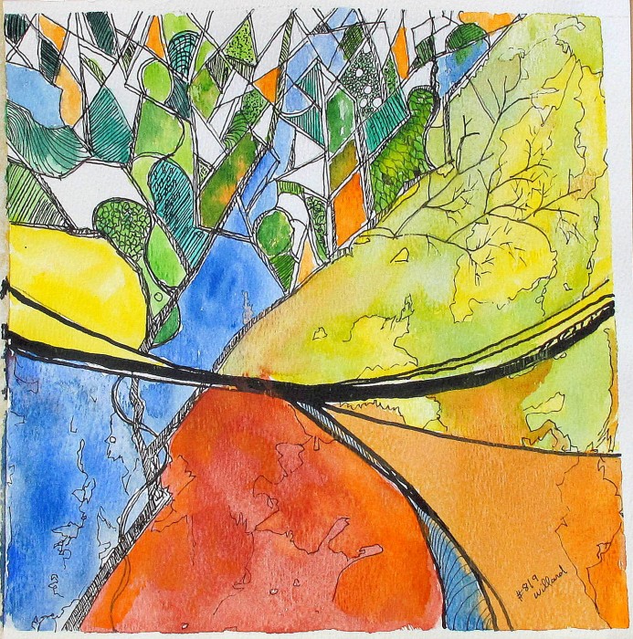 #819 View from studio window, abstract watercolor, pen and ink