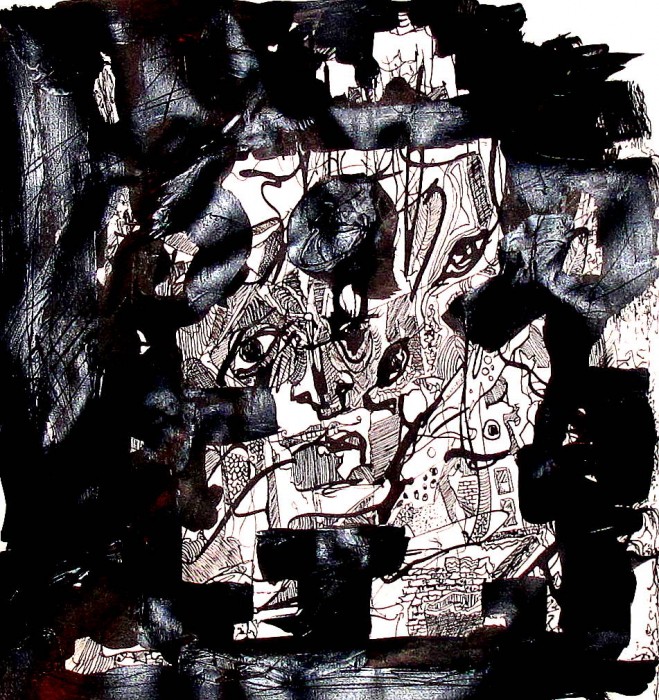 #823, Abstract Drawing, Black and White. Pen & Ink, Acrylic. Face in the Mirror