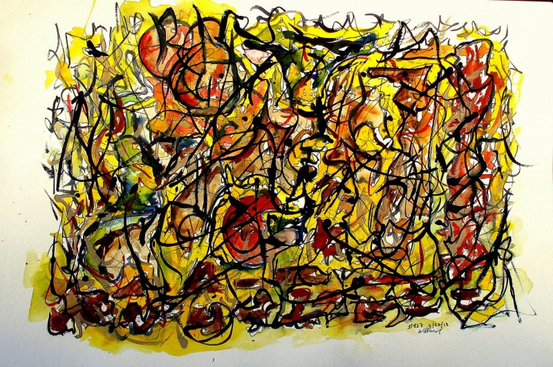 #827 Yellow entanglement, Abstract watercolor, Watercolor with ink.